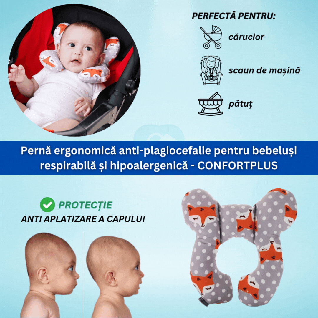 Pernă ergonomică anti-plagiocefalie pentru bebeluși, respirabilă și hipoalergenică - CONFORTPLUS