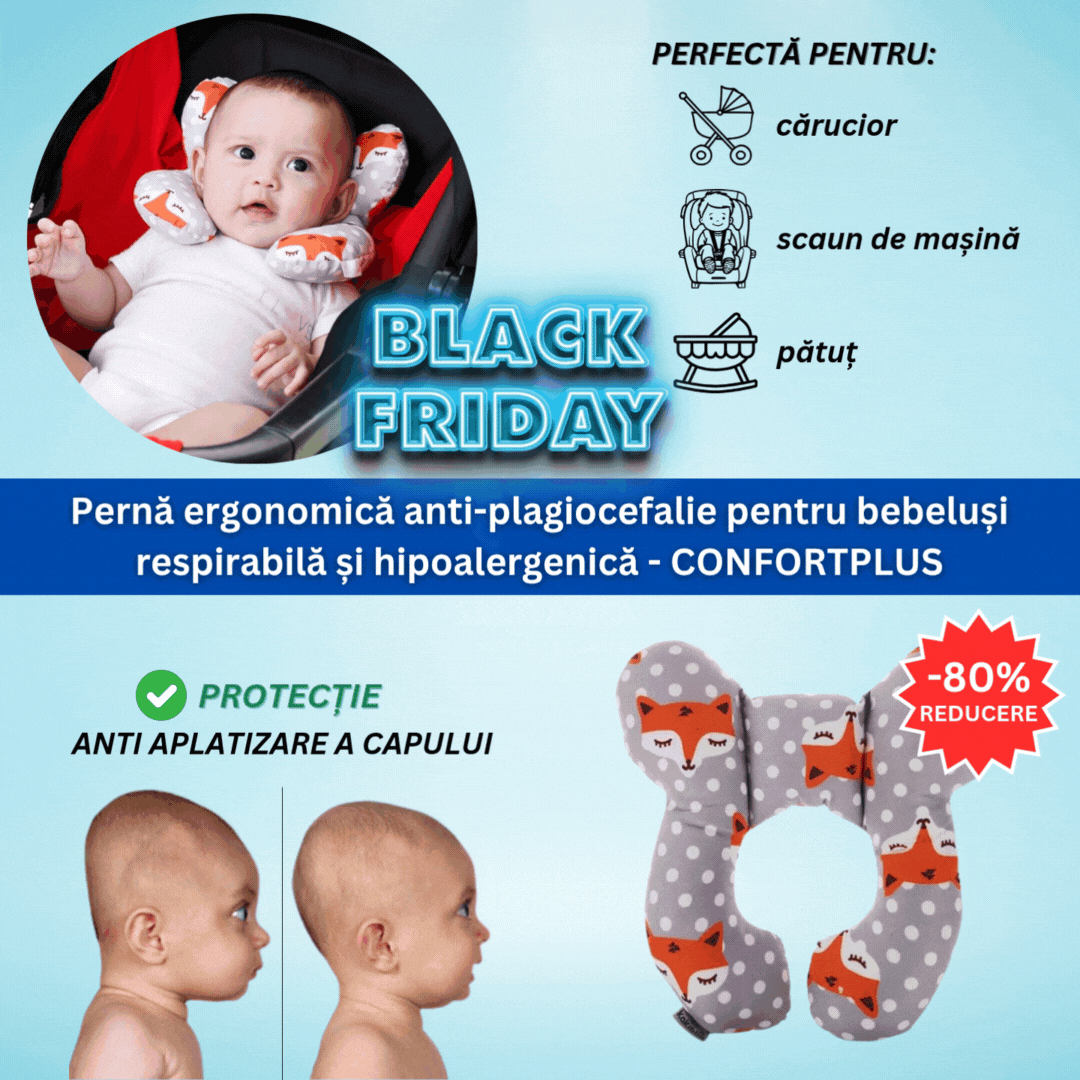 Pernă ergonomică anti-plagiocefalie pentru bebeluși, respirabilă și hipoalergenică - CONFORTPLUS